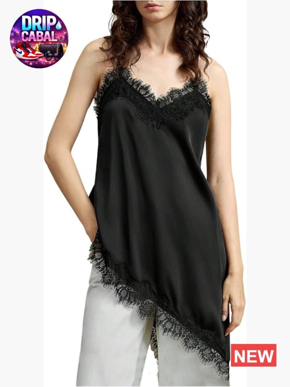 Lace Trim Camisole Y2k V Neck Sleeveless Spaghetti Strap Asymmetrical Flared